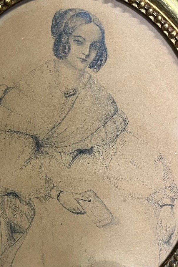 Portrait de jeune femme assise lisant - Ecole française du XIX - dessin à la mine de plomb-photo-3