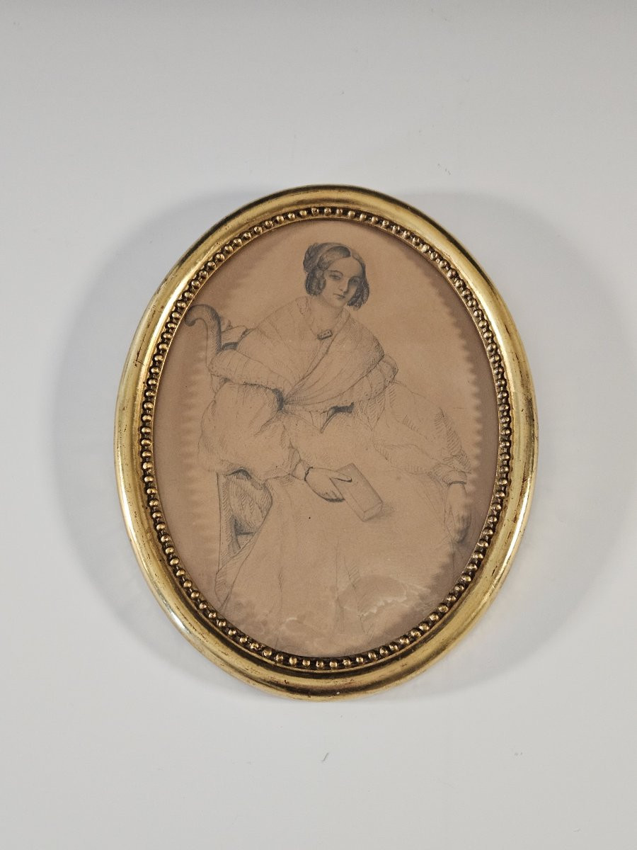 Portrait de jeune femme assise lisant - Ecole française du XIX - dessin à la mine de plomb-photo-1