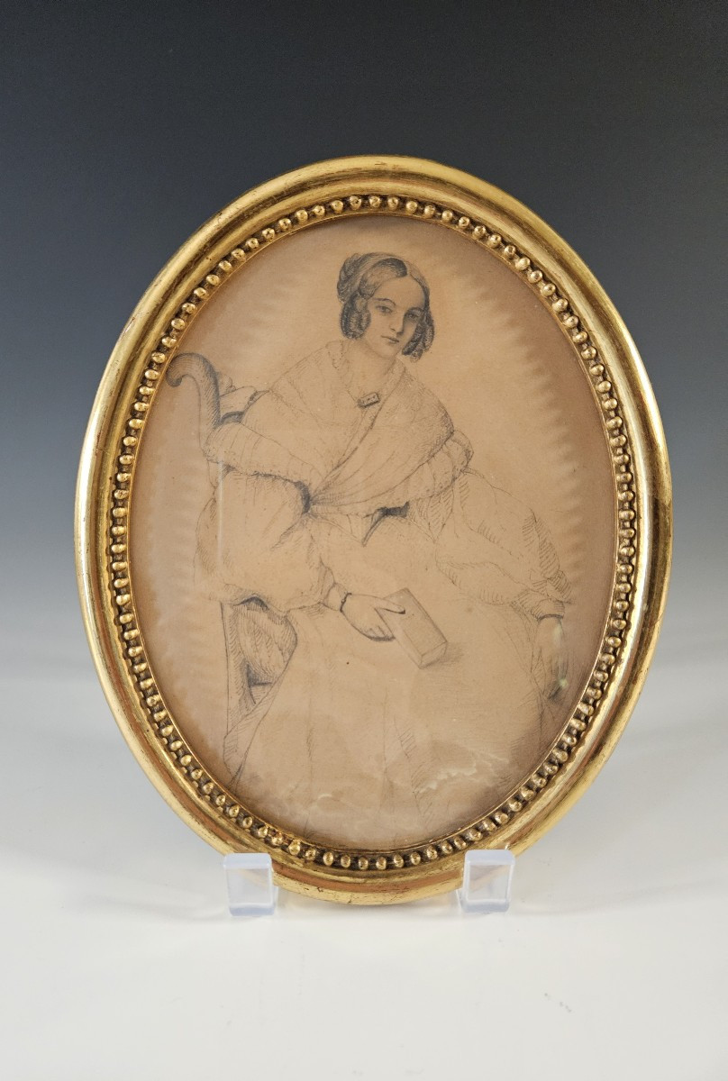 Portrait de jeune femme assise lisant - Ecole française du XIX - dessin à la mine de plomb