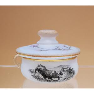Daum Nancy Miniature Opalescent Covered Pot - Hen Décor - Fables La Fontaine 19th Century