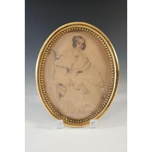 Portrait de jeune femme assise lisant - Ecole française du XIX - dessin à la mine de plomb