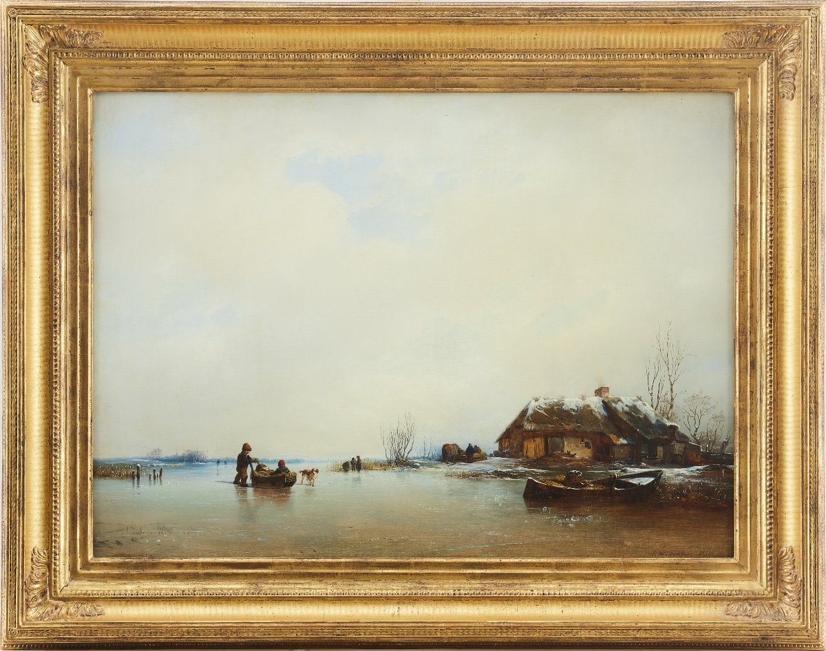 Per Wickenberg (1812-1846) -  Dutch Winter Landscape With Children Playing On The 