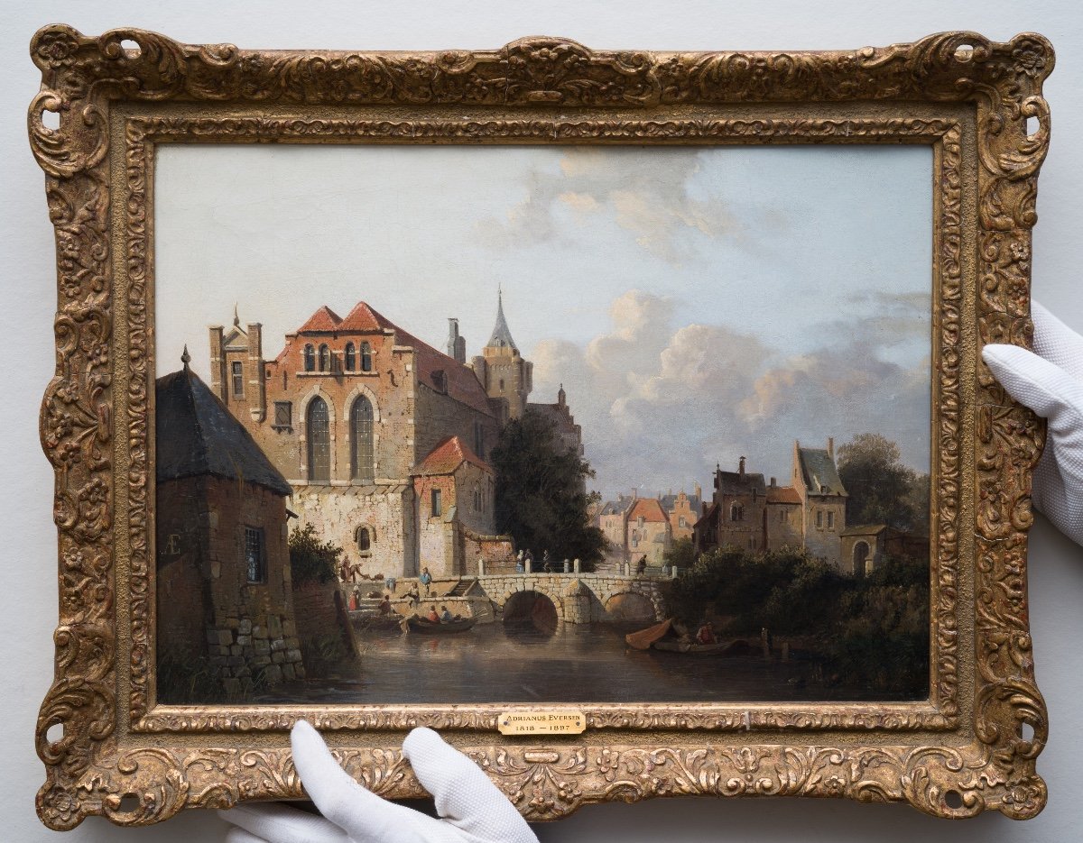 A Dutch Canal Town With Figures And Boats By Dutch Artist Adrianus Eversen-photo-2