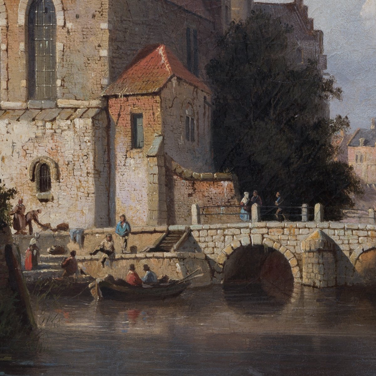 A Dutch Canal Town With Figures And Boats By Dutch Artist Adrianus Eversen-photo-1