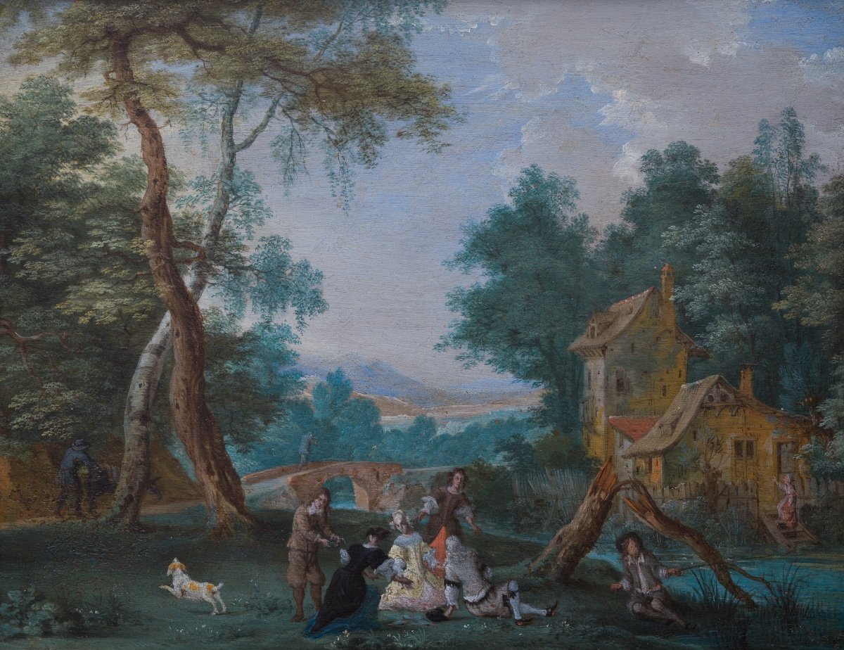 Attributed To Pieter Gysels - Wooded Landscape With An Elegant Company-photo-2