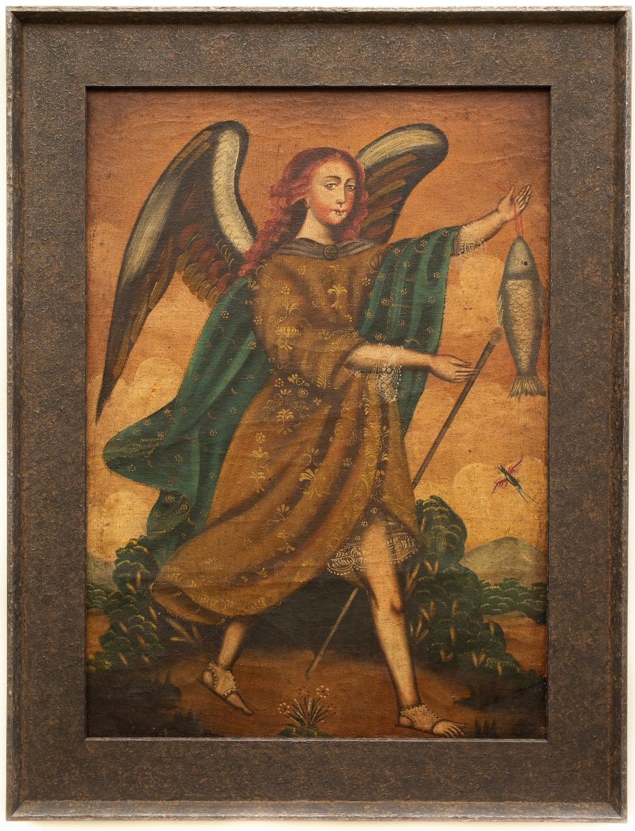 Cuzco School - A Portrait Of Archangel Raphael With Fish, 1800s