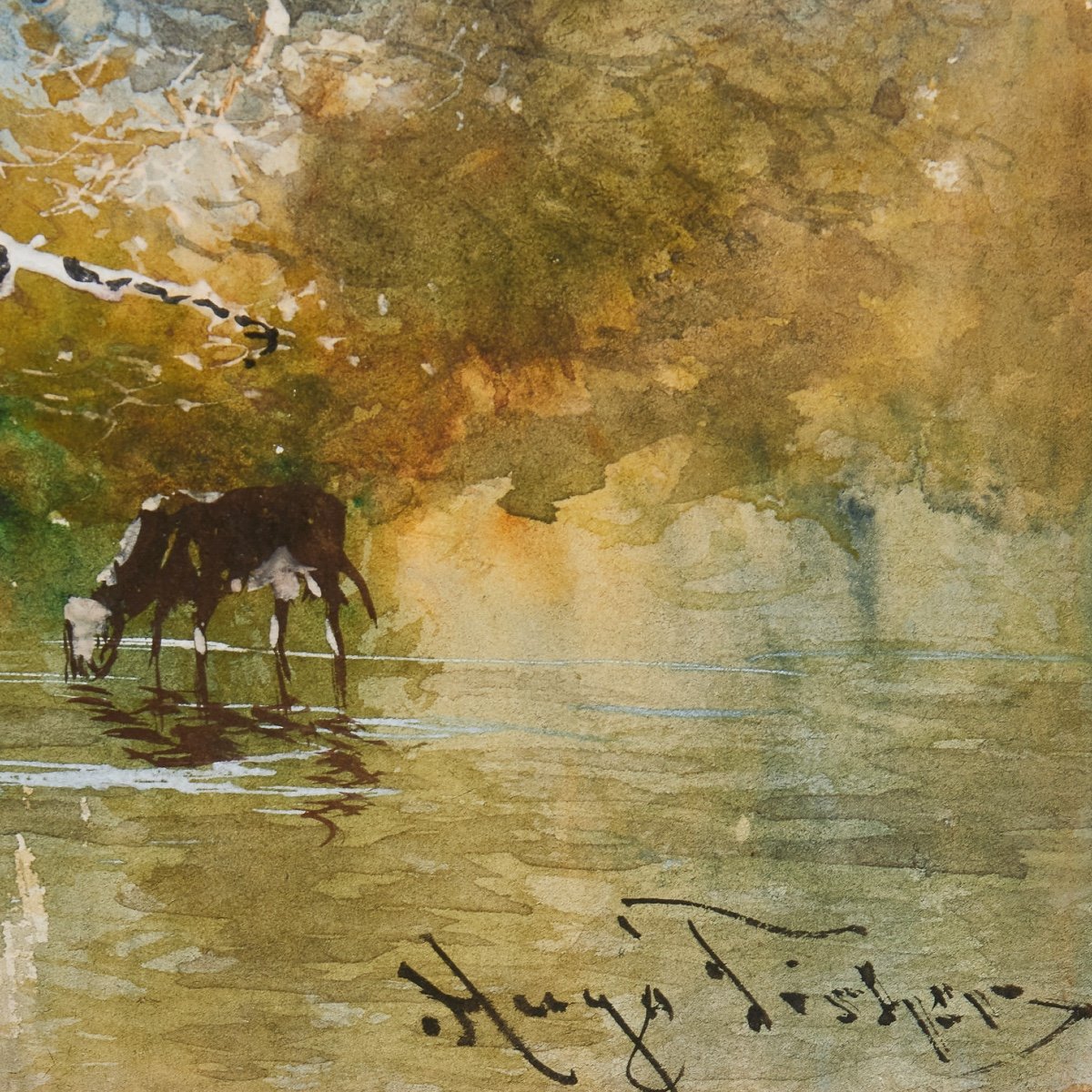 Landscape View With Cows Drinking Water By American Artist Hugo Anton Fisher-photo-4