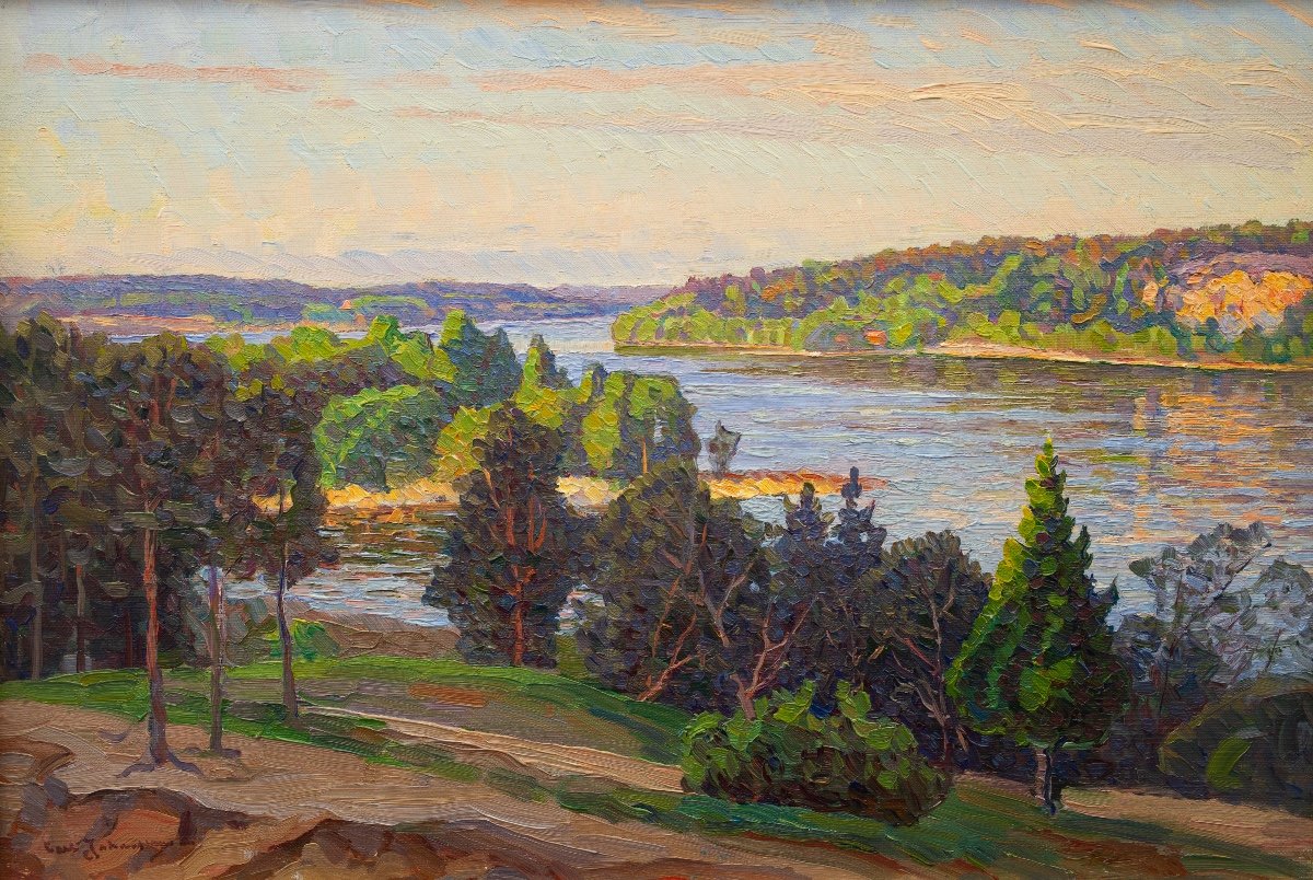 A Wooded Lakeland View, Une Peinture De Paysage De l'Artiste Suédois Carl Johansson-photo-3