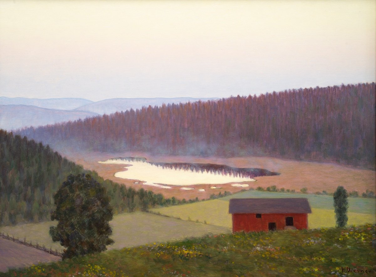 Hilding Werner - Swedish Värmland Landscape With A Red Barn-photo-3