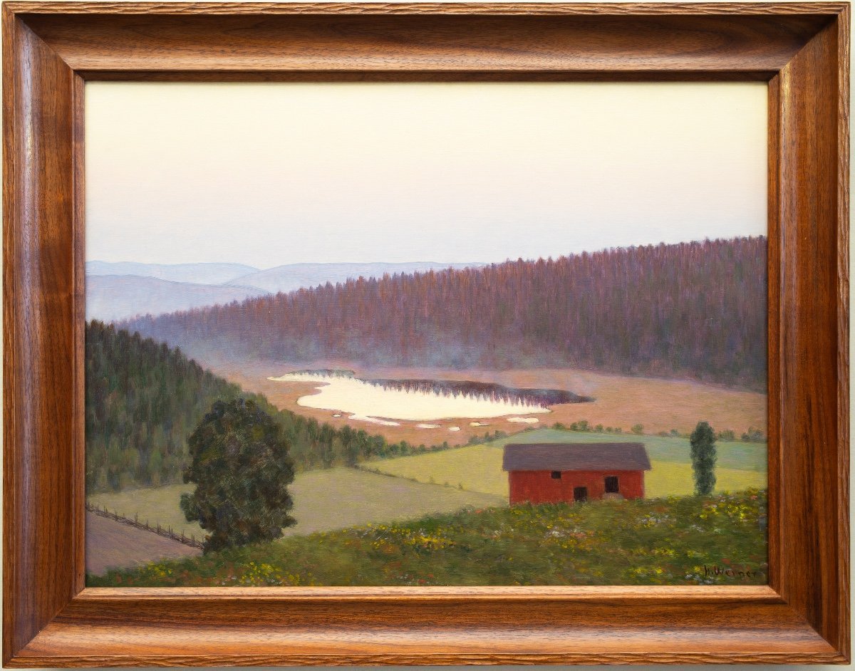 Hilding Werner - Swedish Värmland Landscape With A Red Barn