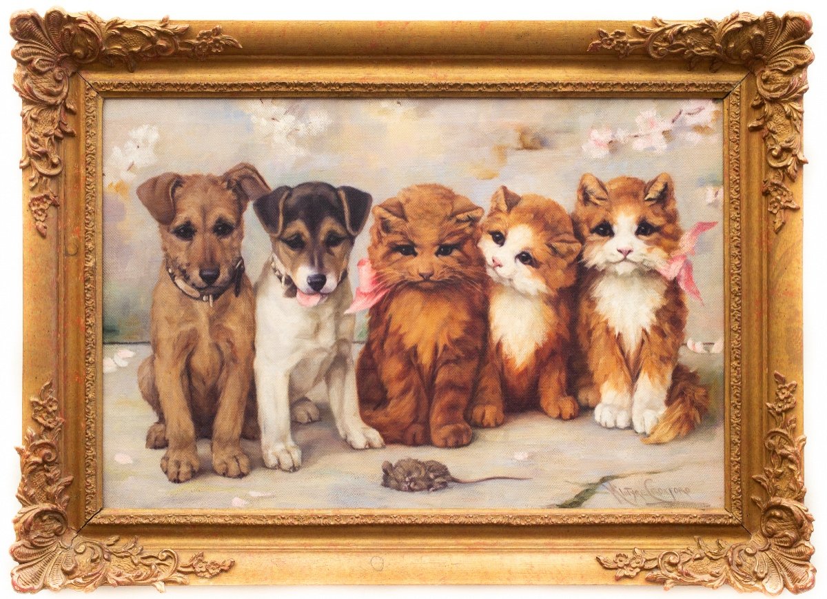 Friends, Kittens And Puppies Painting By British Artist Agnes Mcintyre Croxford 