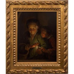 Follower Of Godfried Schalcken - Old Woman And Boy With Candles