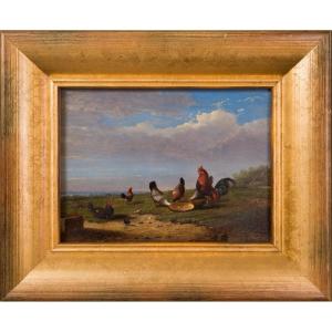 Frans Van Severdonck (1809 - 1889) - Rooster And Hens At Daybreak, 1862