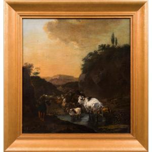 Jan Frans Soolmaker - Berger avec des Moutons, des Vaches et une Chèvre dans un Paysage