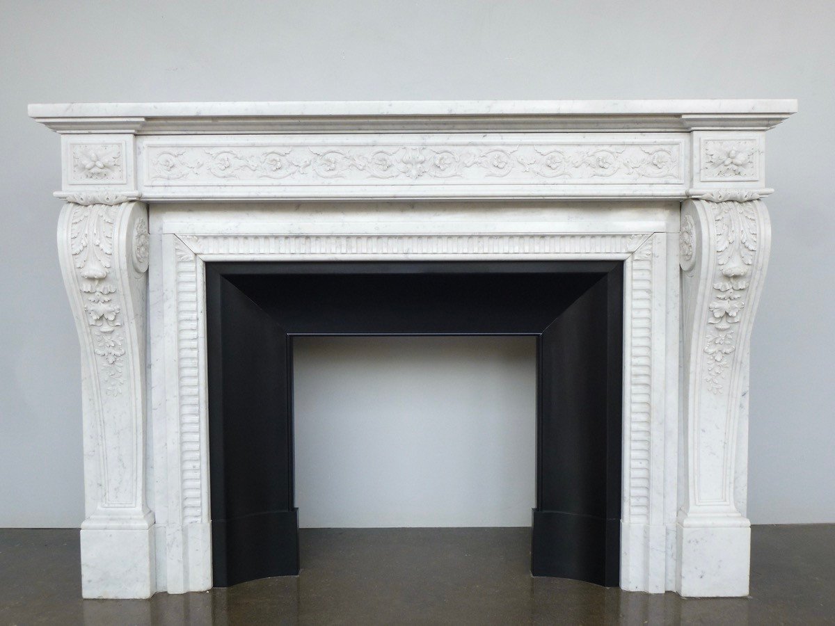 Exceptional Louis XVI Style White Carrara Marble Fireplace