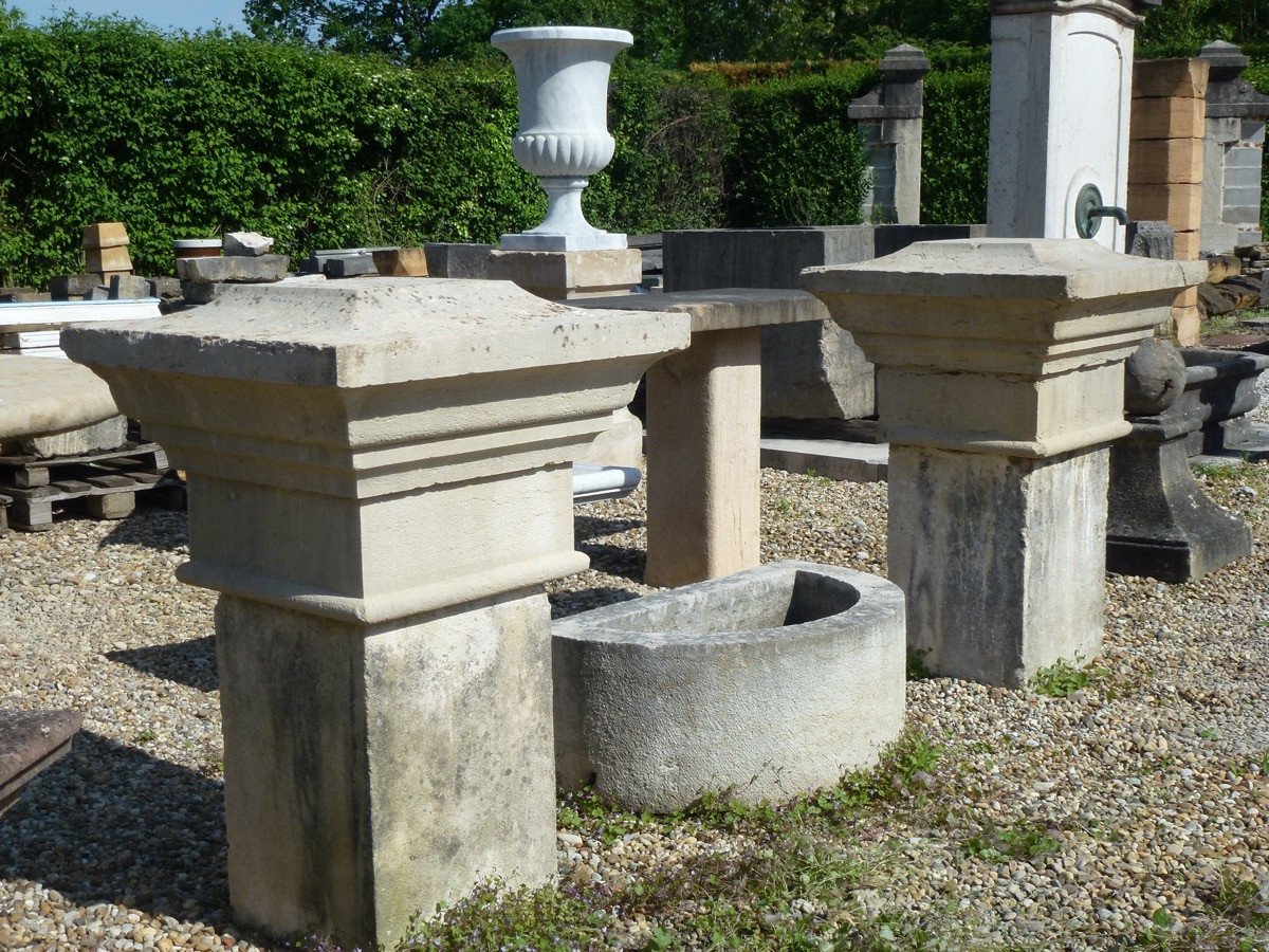 Paire de chapeaux ou couronnements de piliers de portail en pierre dure XIX ème S.