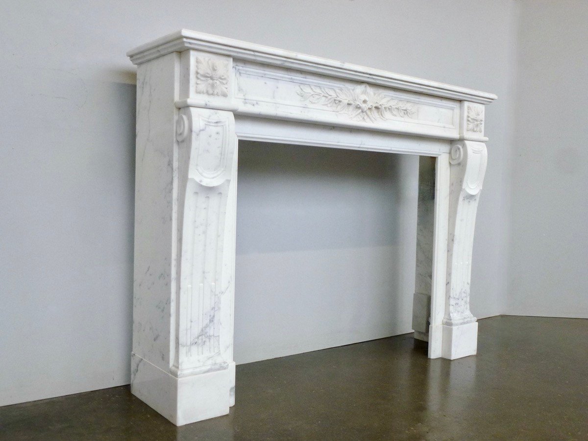 Louis XVI Style White Carrara Marble Fireplace-photo-2