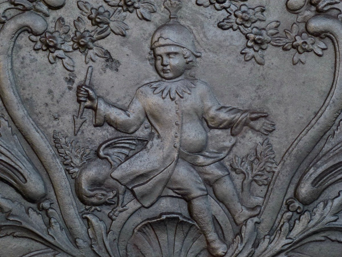 Plaque de cheminée allégorie de la fausse rumeur étouffée, Louis XV - XVIIIe S. (104x83 cm)-photo-2