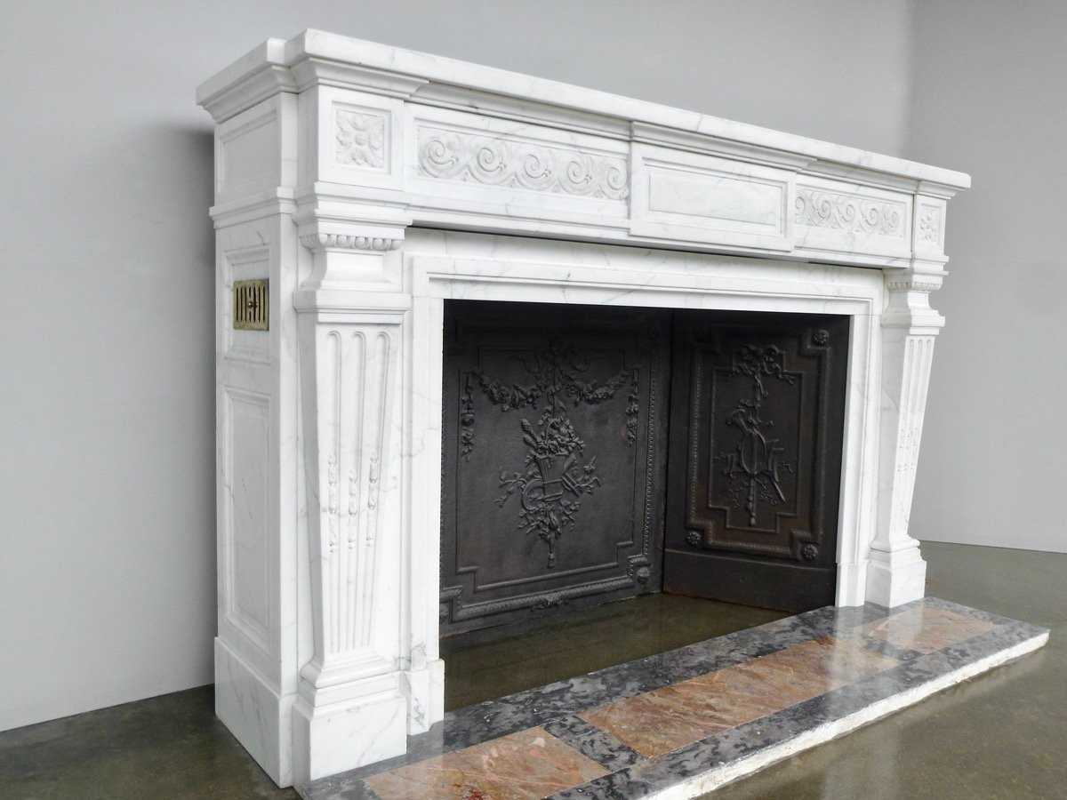 Important Louis XVI Style Fireplace In White Calacatta Marble-photo-3