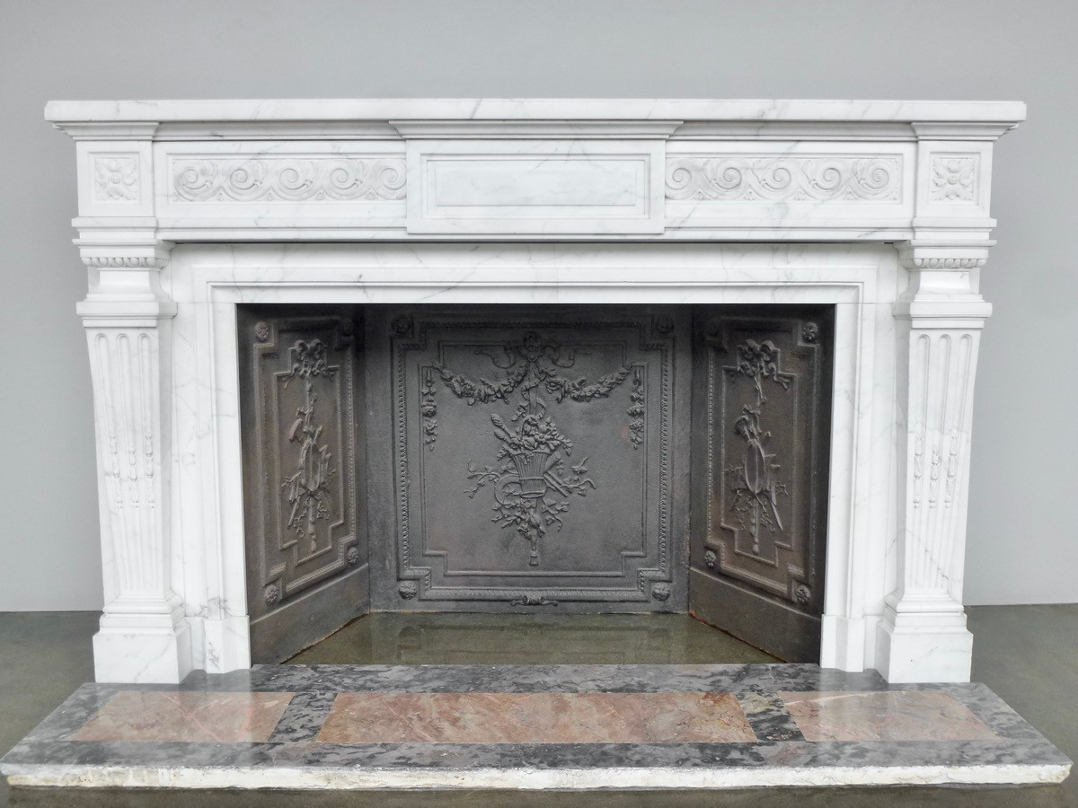 Important Louis XVI Style Fireplace In White Calacatta Marble