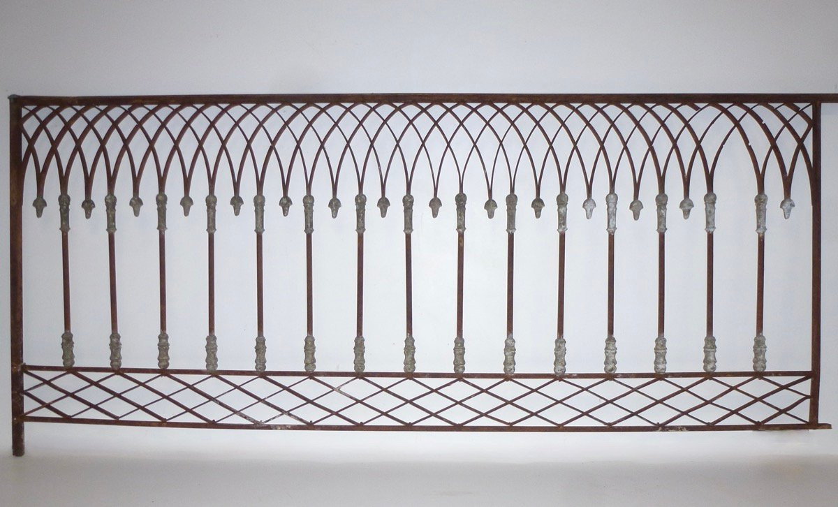 Gothic-style Wrought-iron Balustrade - Lg = 625 Cm H = 93 Cm - 19th C.-photo-2