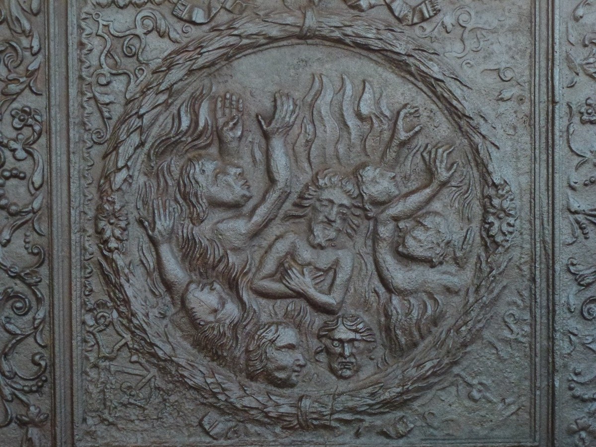Rare plaque de cheminée coulée aux forges d'Orval datée 16/87 (111x72 cm)-photo-2