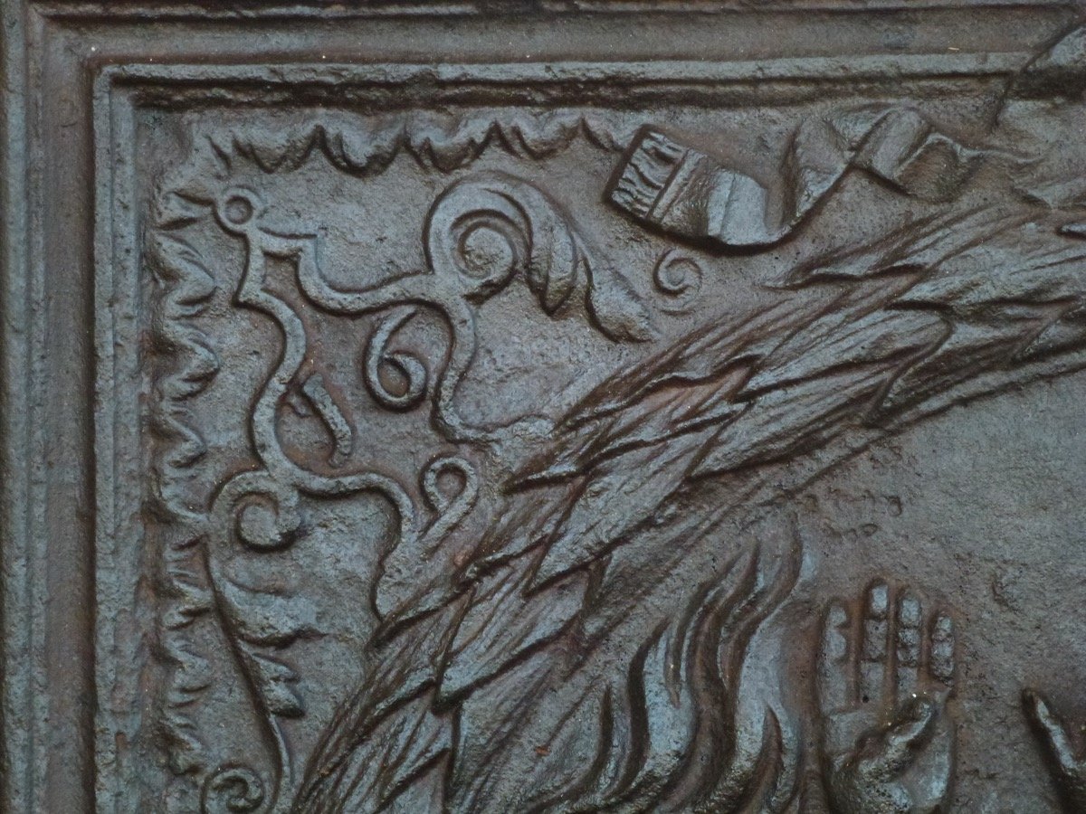 Rare plaque de cheminée coulée aux forges d'Orval datée 16/87 (111x72 cm)-photo-4