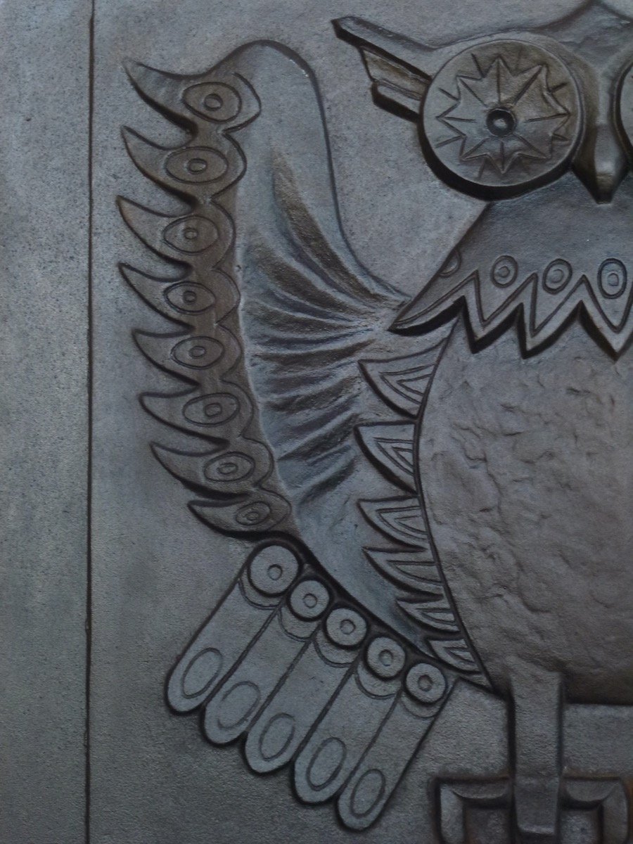 Plaque de cheminée au hibou signée Lucas (80x70 cm)-photo-4
