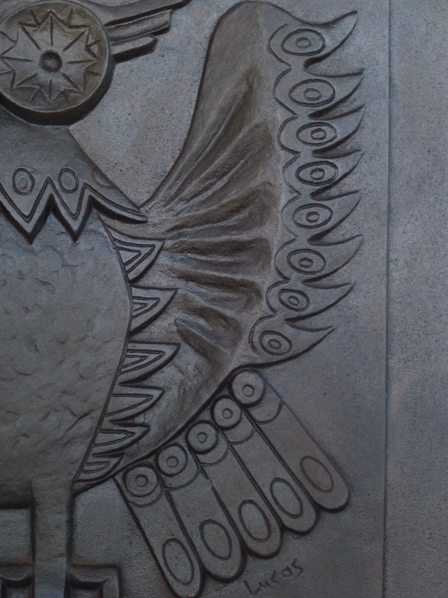 Plaque de cheminée au hibou signée Lucas (80x70 cm)-photo-1