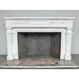 Important Louis XVI Style Fireplace In White Calacatta Marble