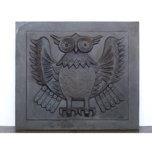 Plaque de cheminée au hibou signée Lucas (80x70 cm)
