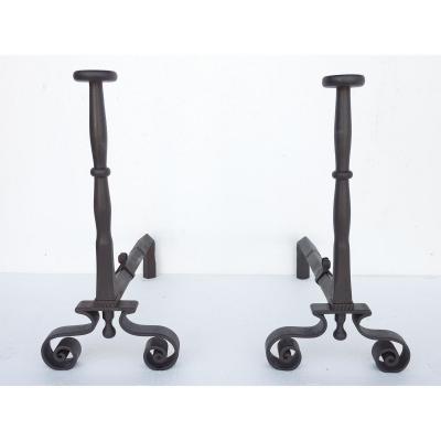 Pair Of Andirons In Wrought Iron Eighteenth S.