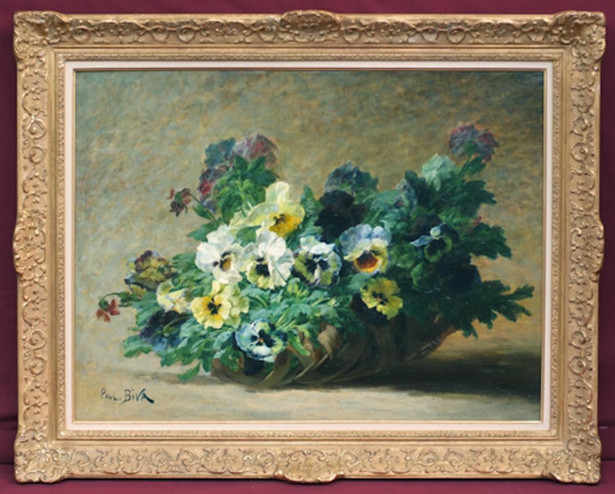 Basket Of Pansies Flowers - Painting 19th Century