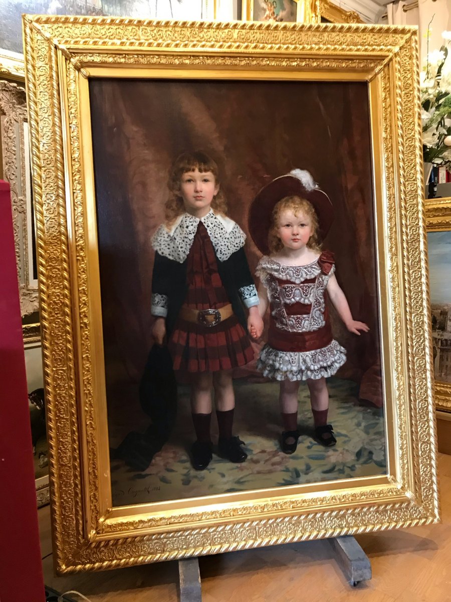 Edgard Cugnotet - Painting 19th Century - Portrait Of Two Children 1884