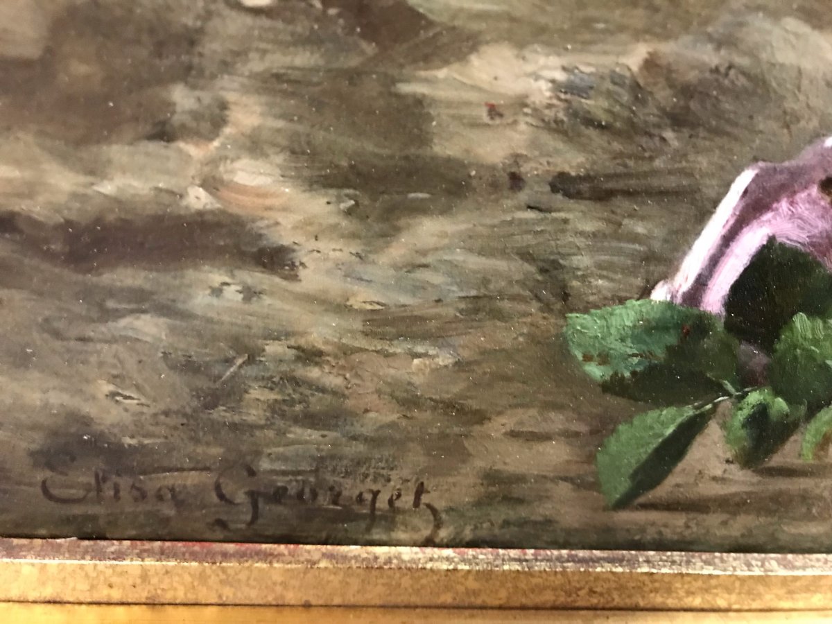 Elisa-antoinette Georget - Still Life Flowers And Butterfly - Painting 19th Century Circa 1895-photo-4