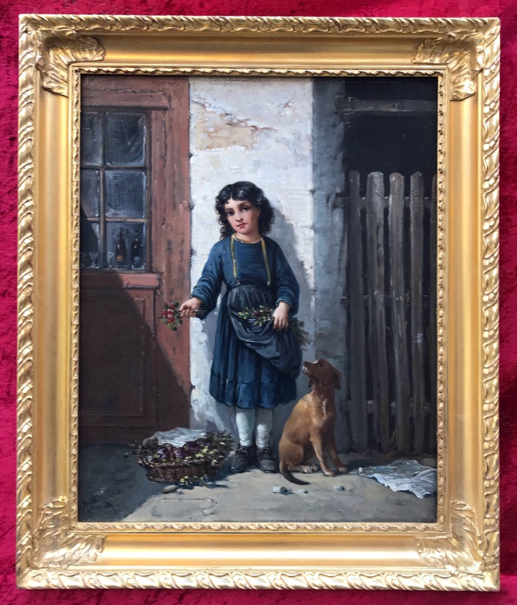 Leonard Agathon (1841-1923) - Flower Girl And Her Dog