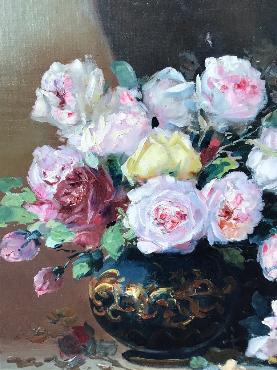 J. Sauvage Multicolored Roses In Blue Vase-photo-3