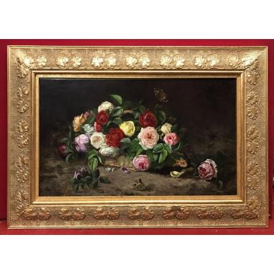 Elisa-antoinette Georget - Still Life Flowers And Butterfly - Painting 19th Century Circa 1895