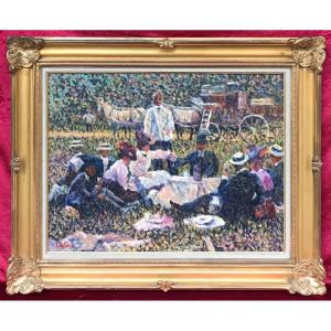 Anne De Saeger - Lunch On The Grass - Oil On Canvas Post-impressionist Circa 1980