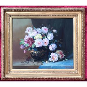 J. Sauvage Multicolored Roses In Blue Vase