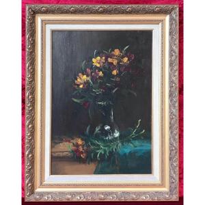 Bouquet Of Spring Flowers In A Black Vase