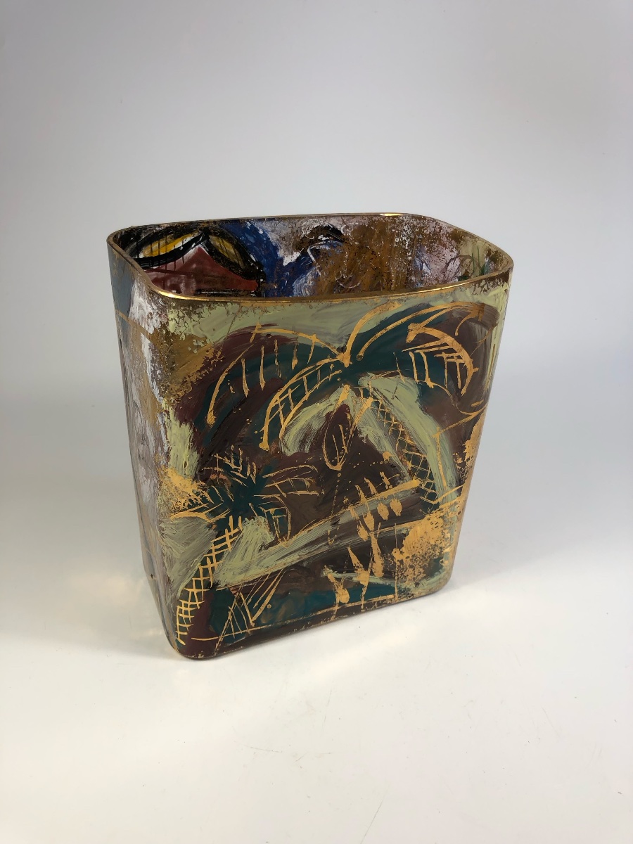 Jean-paul Van Lith Gold Enamelled Glass Vase Signed-photo-3