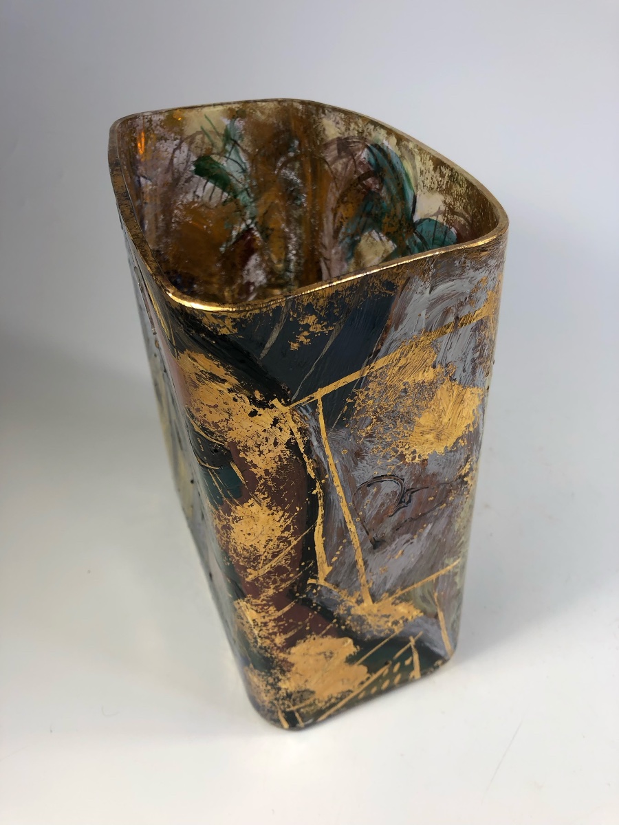 Jean-paul Van Lith Gold Enamelled Glass Vase Signed-photo-4