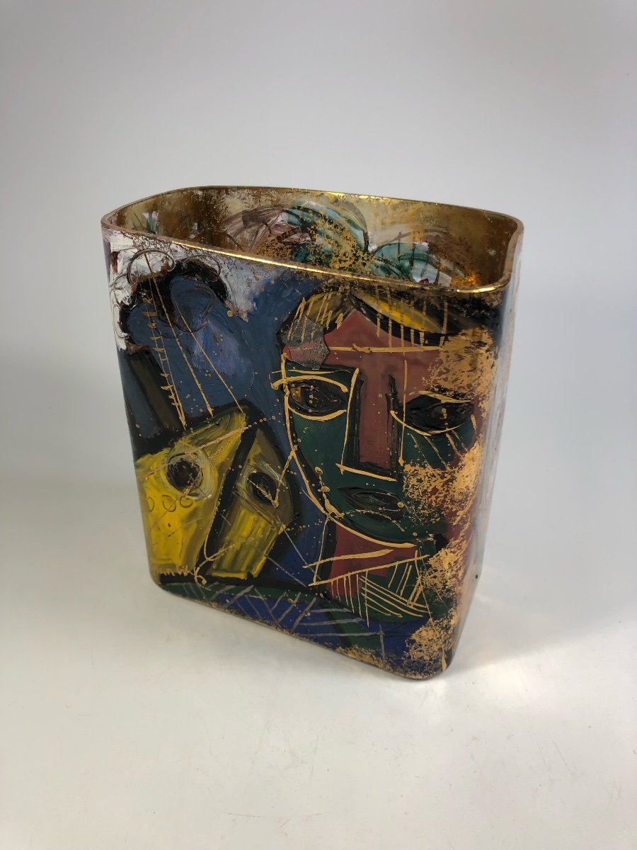 Jean-paul Van Lith Gold Enamelled Glass Vase Signed
