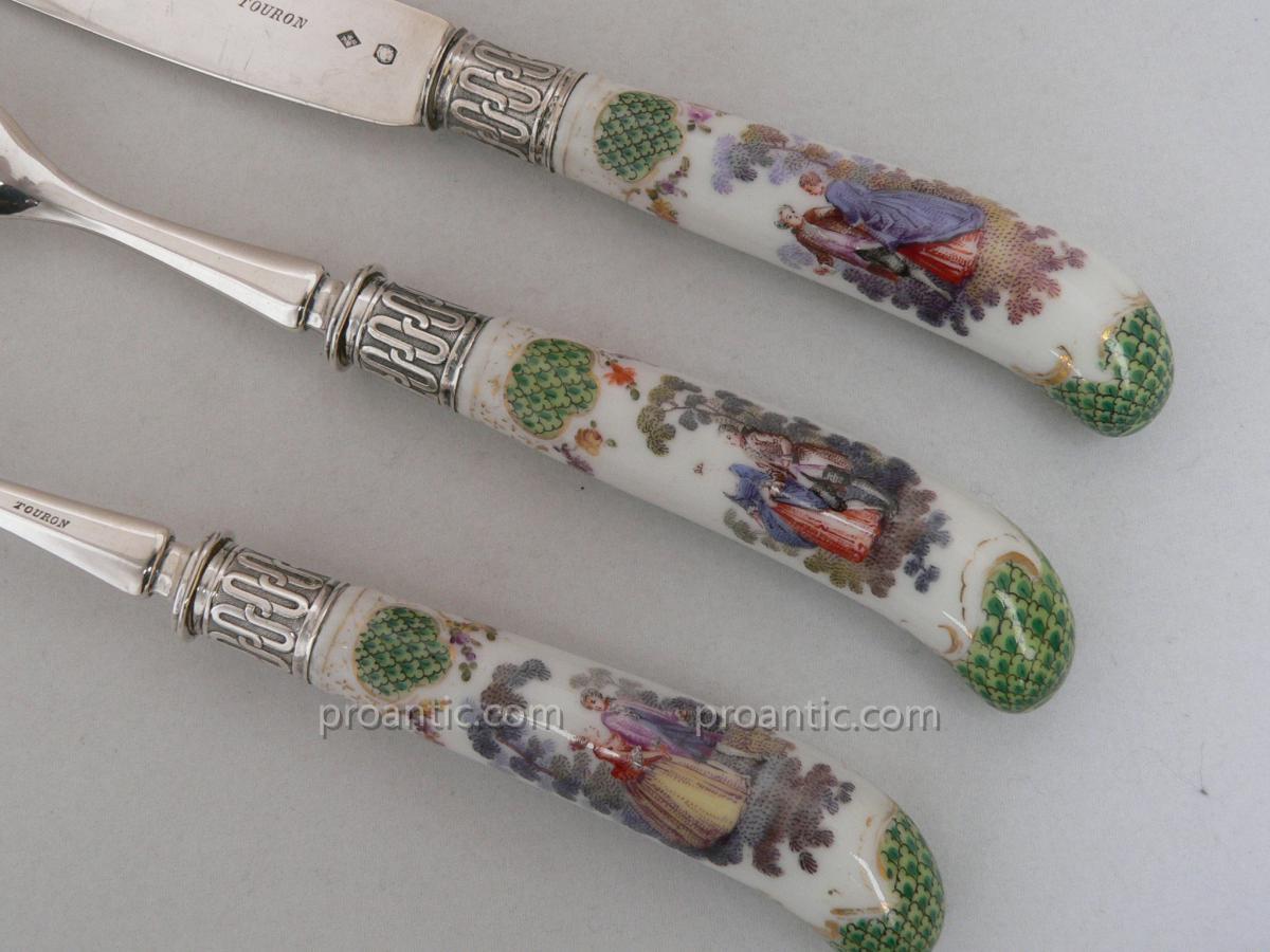 Covered Knife Nineteenth 19th Romantic Silver And Porcelain In The Style Of Watteau-photo-2