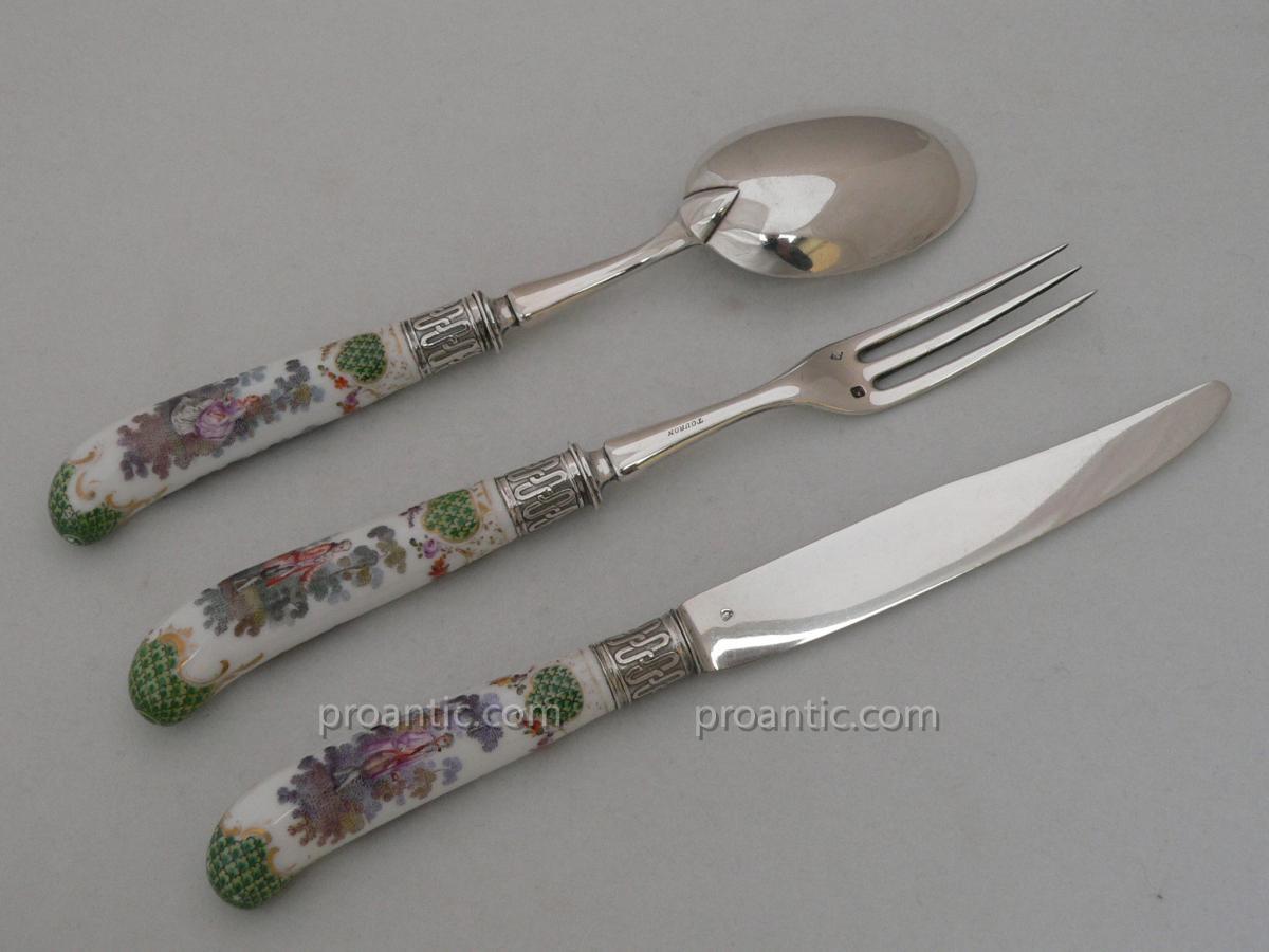 Covered Knife Nineteenth 19th Romantic Silver And Porcelain In The Style Of Watteau-photo-3