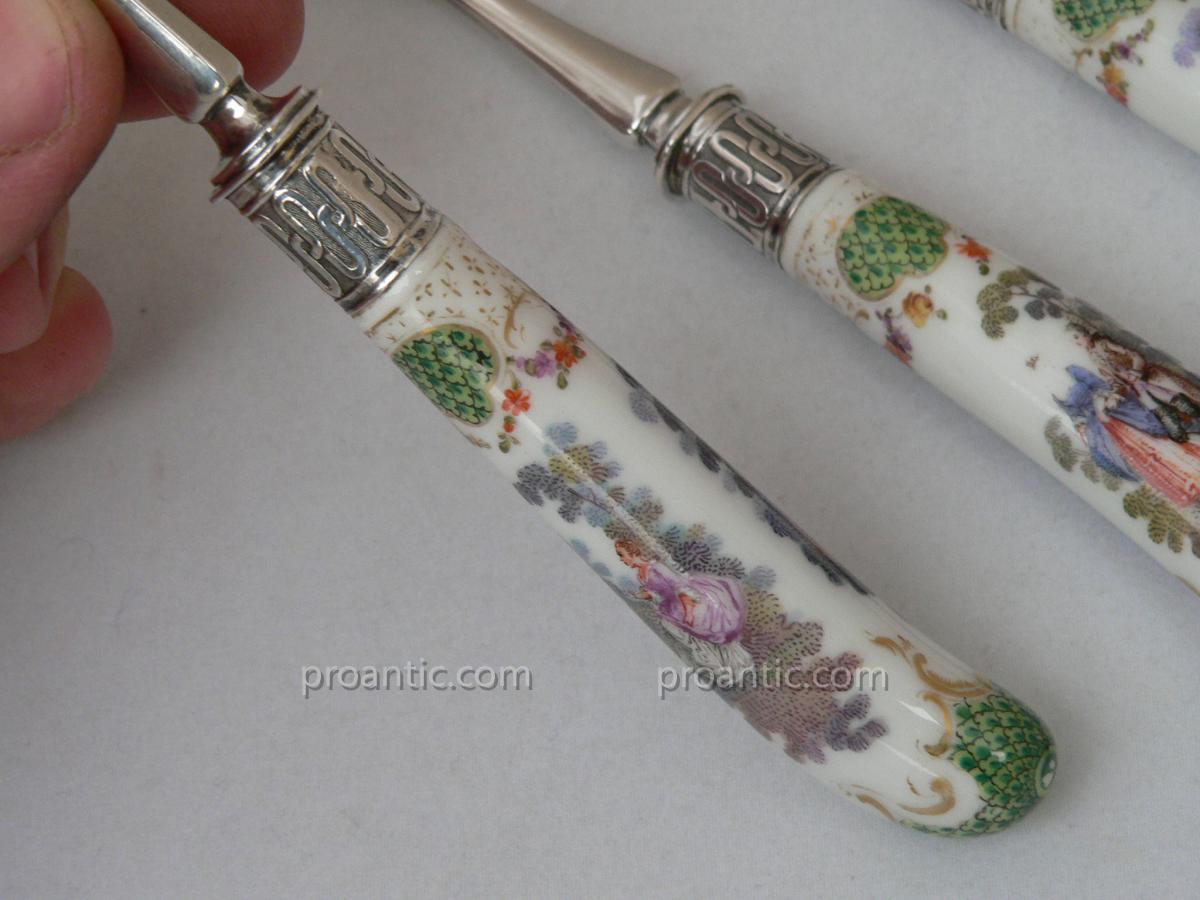 Covered Knife Nineteenth 19th Romantic Silver And Porcelain In The Style Of Watteau-photo-1