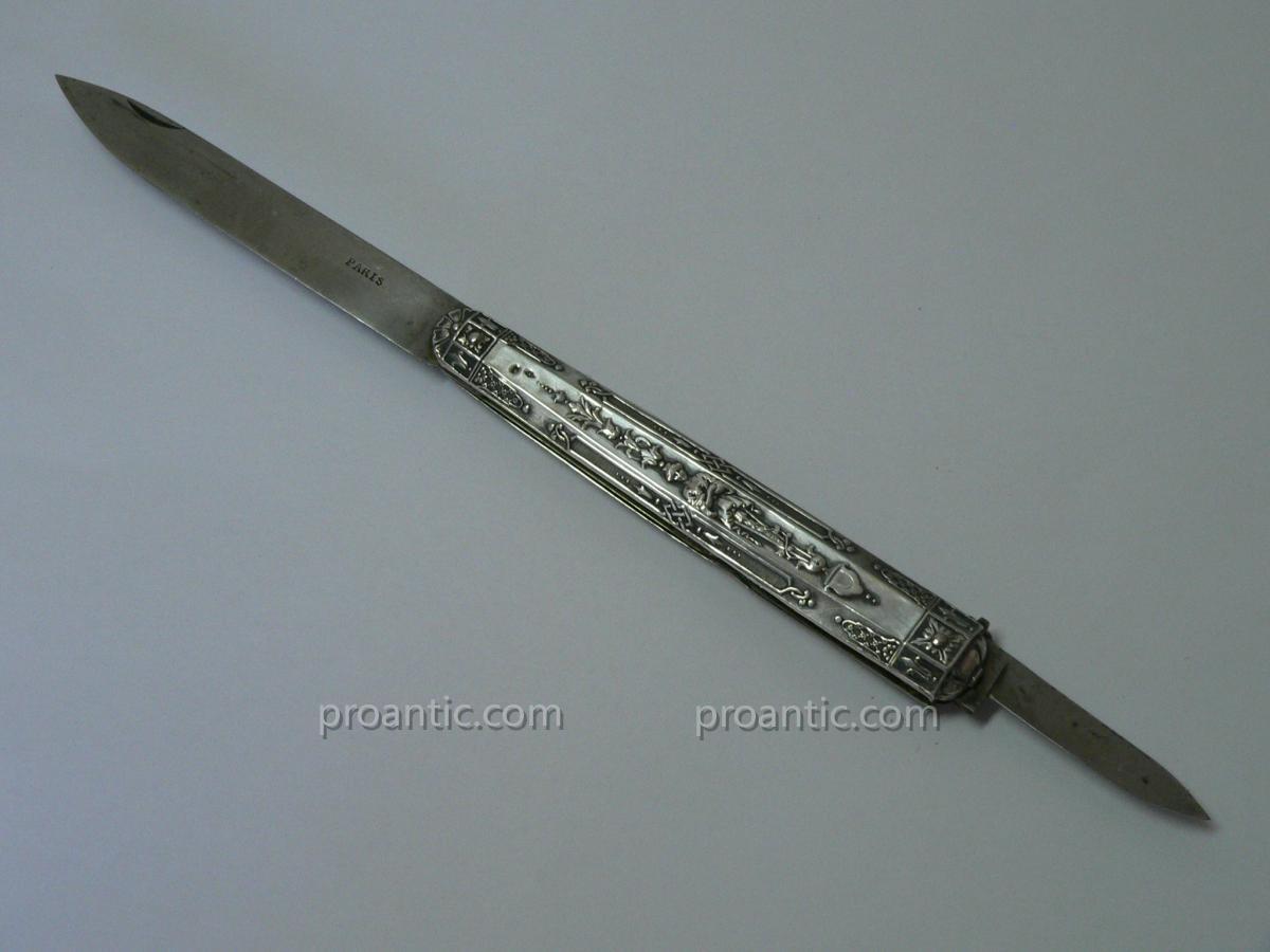 Large Folding Knife XIX Sterling Silver Decor Renaissance-photo-2