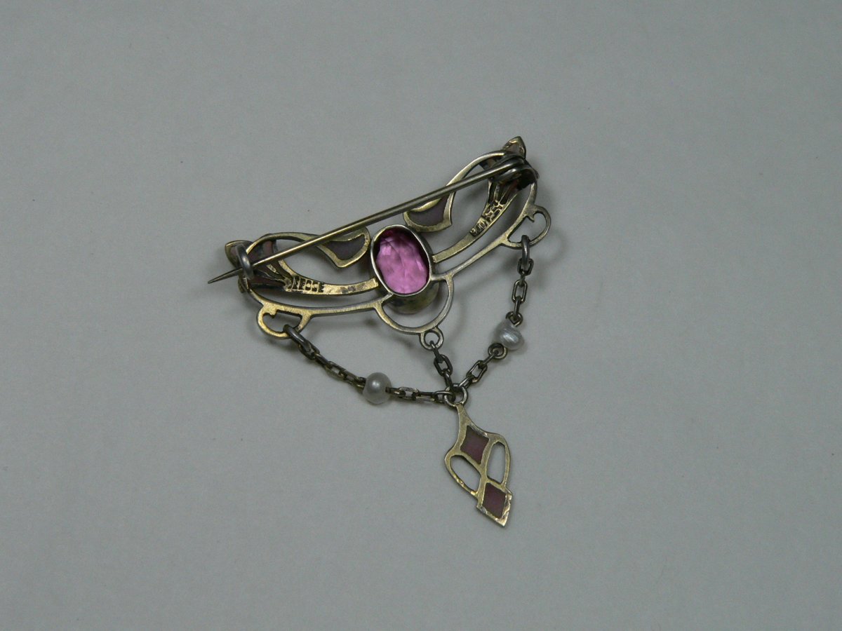 Broche Art Nouveau En Vermeil, Perle Et Email Plique A Jour-photo-1