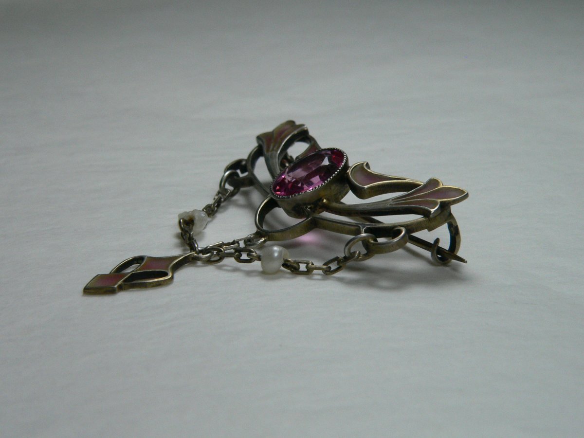 Broche Art Nouveau En Vermeil, Perle Et Email Plique A Jour-photo-3